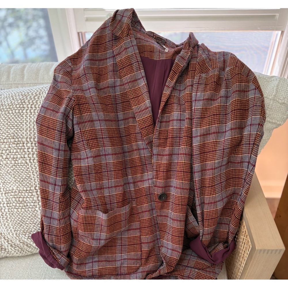 Free People Slouchy Plaid Blazer with Button Closure, excellent condition